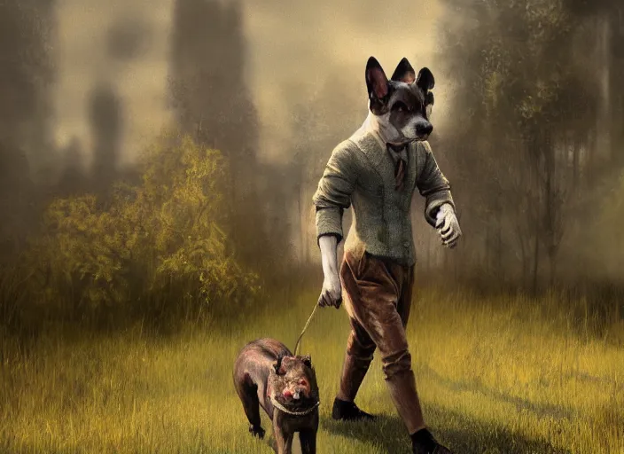 Image similar to landscape, a realistic portrait and realism, a humanoid mutant dog, walking in 1 9 3 0 s clothes, fine art, horror, sharp focus, ten flats, digital art, bright colors, trending on artstation, unreal engine.