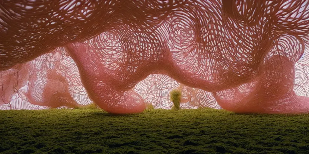 Prompt: biomorphic inflated structures by ernesto neto, light - mint with light - pink color, 4 k, insanely quality, highly detailed, film still from the movie directed by denis villeneuve with art direction by zdzisław beksinski, telephoto lens, shallow depth of field