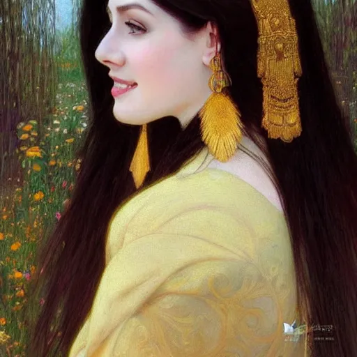 Prompt: Portrait of a beautiful, pale skin, female with long black hair, dark brown eyes, smiling, elegant saudi traditional clothing, photorealistic, highly detailed oil painting, artstation, smooth, sharp focus, art by Klimt, artgerm, Greg Rutkowski and Alphonse Mucha, natural light, Adobe Lightroom, photolab, Affinity Photo, PhotoDirector 365, artstation