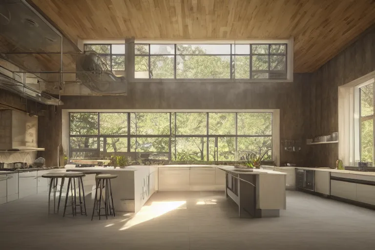 Image similar to solarpunk modern kitchen in a mountain mansion, liminal space, high detail, rendered in unreal engine, 3d render, god rays, volumetric lighting, HDR, subsurface scatter, mansion, interior, large windows, rich house