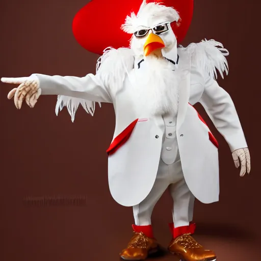 Image similar to a chicken dressed up as colonel sanders as a chicken dressed in the colonel sanders uniform as a chicken, realistic, hyperrealistic, ultra realistic, real, real world, highly detailed, very detailed, extremely detailed, intricate details, 8 k resolution, hd quality