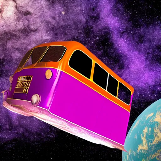 Image similar to Soviet era bus in space in front of a purple nebula