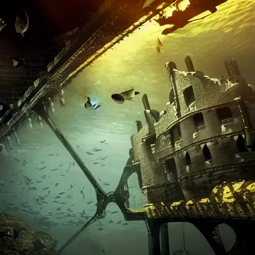 Prompt: underwater Edinburgh Castle, deep underwater, fish shoal, concept art in style of Greg Rutkowki, dynamic moody lighting, 4k, very highly detailed, hyper realistic