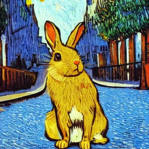 Prompt: a rabbit sitting on a street in paris, the eiffel tower is visible in the background, in the style of van gogh