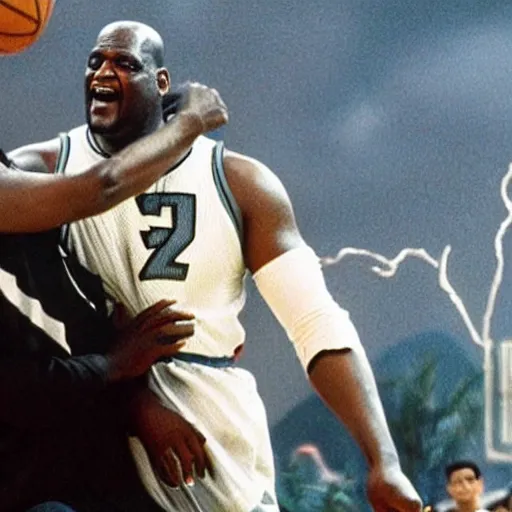 Prompt: shaquille o'neal blocking an attack from godzilla