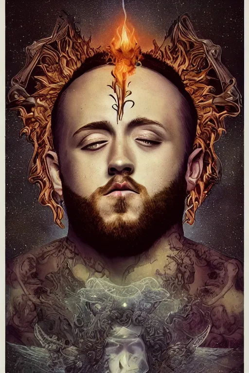 Image similar to The last portrait of Mac Miller, Heavenly, Hellish, Divinity, Hope, Ethereal, Symmetry, God and the Devil on my shoulders, Atmospheric Lighting, artstation trending, good versus evil, ladders, angelic, the divine feminine, drama masks, Pittsburg, Blue Slide Park, Most Dope, environment concept, Rendered in Octane, trending on artstation, cgsociety, moody lighting rendered by octane engine, environment 8K artstation, cinematic lighting, intricate details, 4k detail post processing, hyperealistic, octane render, photo realism