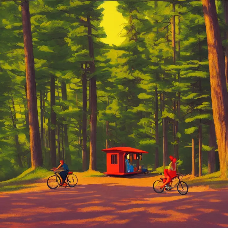 Image similar to riding neon bycicles in the woods, painted by Edward Hopper, painted by James Gilleard, airbrush