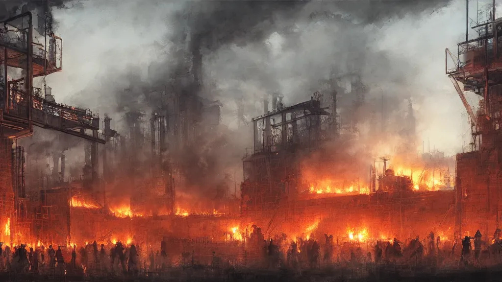 Prompt: view of industrial factory on fire with group of people, papyrus, watercolored, jakub rozalski, dark colours, dieselpunk, artstation