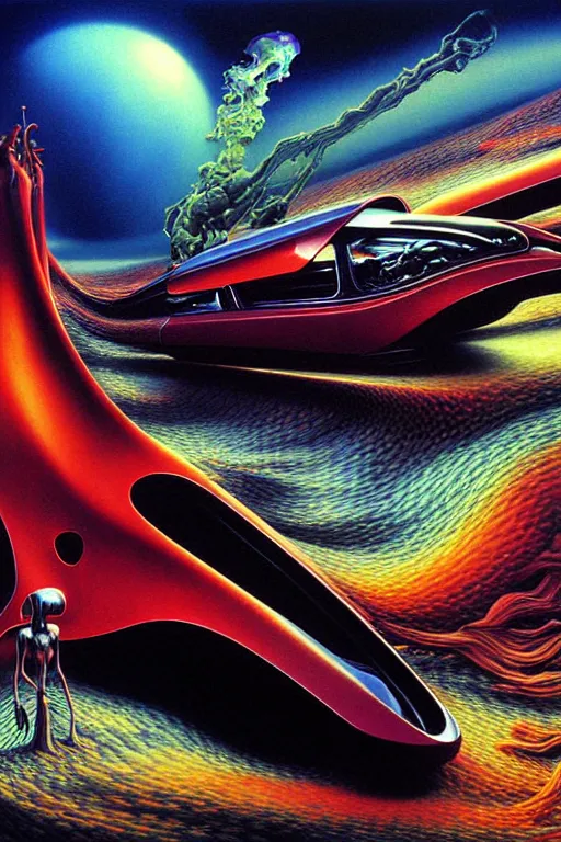 Image similar to a hyperrealistic painting of a sharp futuristic hotrod vehicle with chrome pipes and engine scoops shooting out fire, cinematic horror by chris cunningham, lisa frank, richard corben, highly detailed, vivid color, beksinski painting, part by adrian ghenie and gerhard richter. art by takato yamamoto. masterpiece