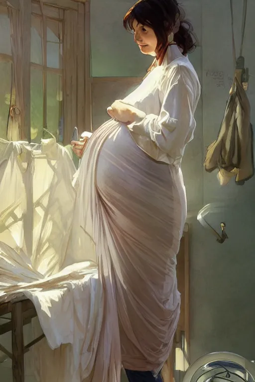 Image similar to portrait of rural pregnant woman doing laundry, digital painting, artstation, concept art, smooth, sharp focus, illustration, art by artgerm and greg rutkowski and alphonse mucha