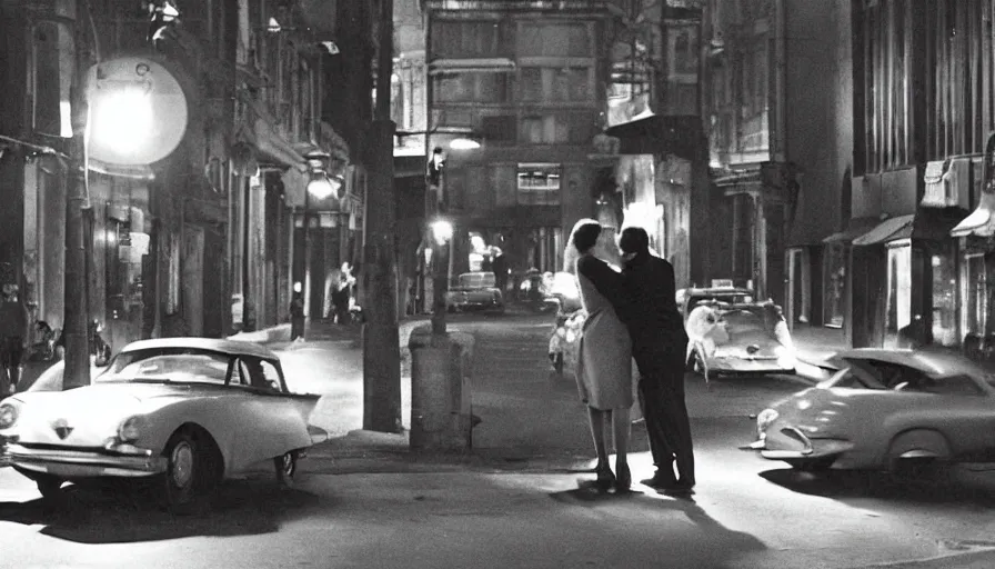 Image similar to “A still from a modern French art house movie 1960’s. City street, car, man and woman in love, Cinematic lighting, highly detailed, close-up,”