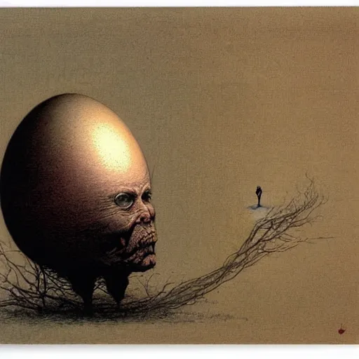 Image similar to humpty dumpty in form of egg, front view by by luis royo and wayne barlowe, beksinski