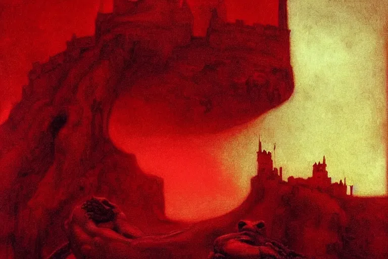 Prompt: only with red, red eyes, a red tiger, a castle in the background, medieval demons dance, an ancient path, in the style of beksinski, part by hopper, part by rodcenko, part by hofbauer, intricate composition, red by caravaggio, insanely quality, highly detailed, masterpiece, red light, artstation