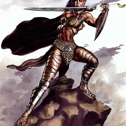 Prompt: a muscular bronze - skinned silver - eyed woman warrior wearing xena armor, holding a sword aloft, riding a flying dinosaur, highly detailed, ron cobb, moebius, heavy metal magazine, mike mignola, trending on art station, illustration, comic book