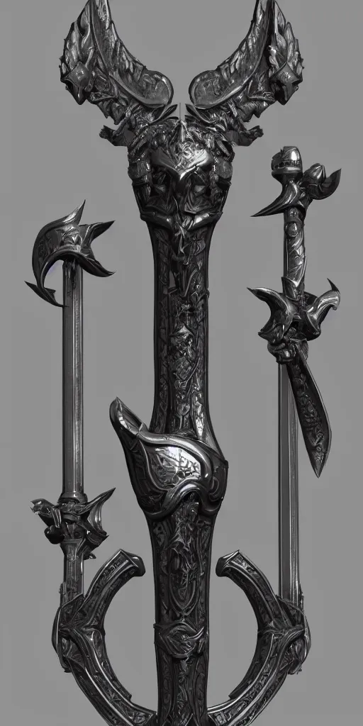 Image similar to a black and silver sword skull crest, ornament, weapon, a 3 d render by dom qwe, trending on polycount, artstation, hard surface modeling, zbrush, symmetry