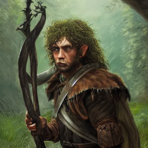 Image similar to a rugged warrior hobbit in leather armor with very short hair and a dark green cloak and dark green hood hiking through the forest holding a hunting bow, clean shaven, trending on artstation, realistic, detailed, by Tony Sart