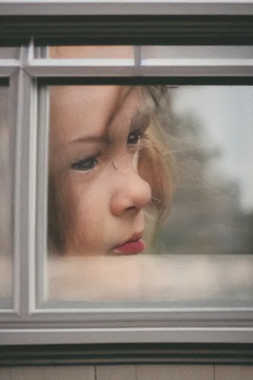 Image similar to kodak portra 4 0 0 photograph of a person looking out their window, eyes, beautiful eyes, stunning eyes, close up, telephoto, faded effect, grain,