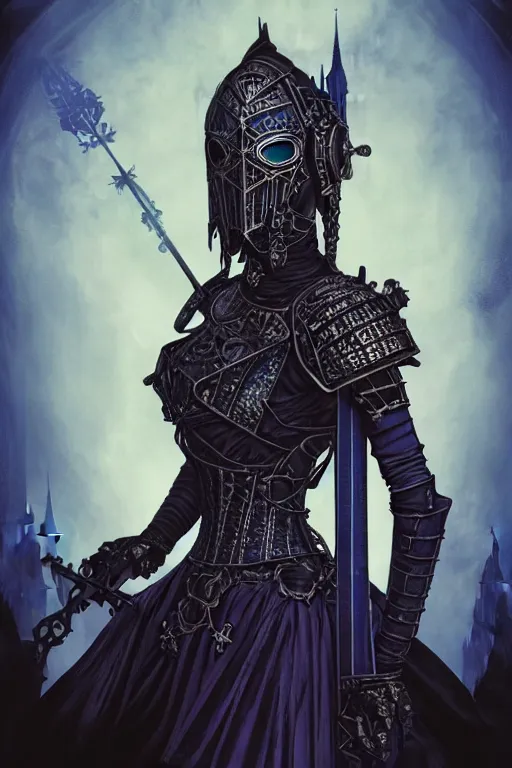 Image similar to beautiful gothic and victorian and evil and dieselpunk medieval female blue armor knight portrait, like lisa blackpink+smoky eyes+light flowing hair, ultradetail face, ruined gothic cathedral, art and illustration by tian zi and craig mullins and WLOP and alphonse mucha, ssci-fi, fantasy, intricate complexity, human structure, fantasy world concept, watermark, blurry, hyperrealism 8k