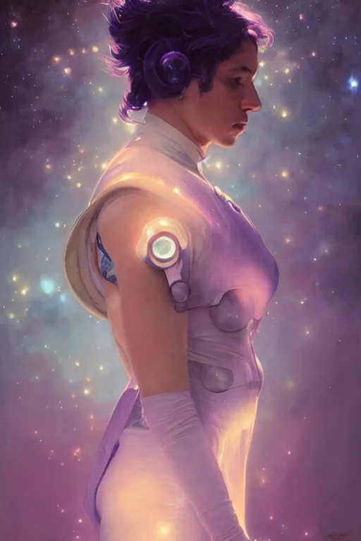 Prompt: A mystical mesmerizing 8k hyperrealistic Photo Portrait of an astronaut transforming into a purple haze, soft, sharp focus, detailed, art by Greg Rutkowski and artgerm and Alphonse Mucha