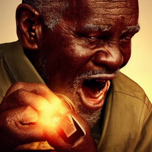 Image similar to An old african man raging and screaming and Television, holding a controller. Nice rimlight. By ilya kuvshinov, krenz cushart, Greg Rutkowski, trending on artstation. Sharp highlights, amazing textured brush strokes, accurate shape, cinematic soft, 8k, VFX, HDR, dramatic lighting, psychedelic colouring