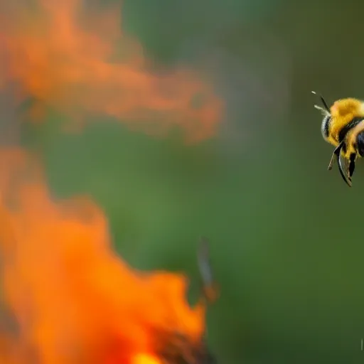 Image similar to a bee trying to reach a flower in a forest on fire, beautiful macro photography, ambient light