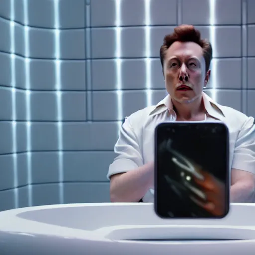 Image similar to hyperrealism aesthetic ridley scott and denis villeneuve style photography of a detailed hyperrealism elon musk, siting on a detailed hyperrealism toilet and scrolling his detailed smartphone in hyperrealism scene from detailed art house movie in style of alejandro jodorowsky and wes anderson volumetric ambient light