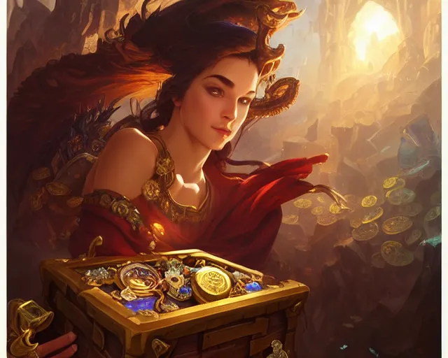 Prompt: open treasure chest with the greatest riches on earth, deep focus, d & d, fantasy, intricate, elegant, highly detailed, digital painting, artstation, concept art, matte, sharp focus, illustration, hearthstone, art by artgerm and greg rutkowski and alphonse mucha