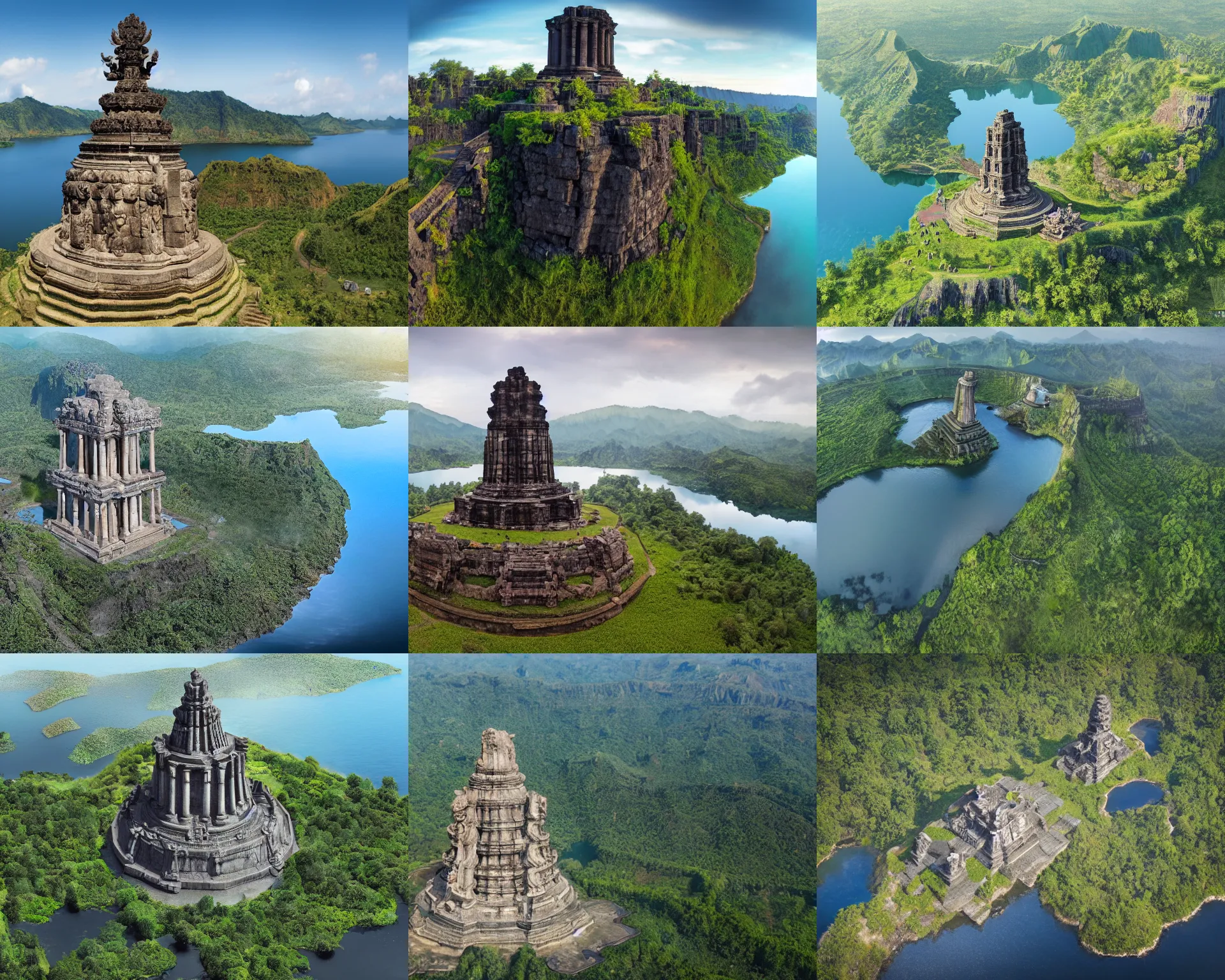 Prompt: digital concept art,aerial drone wide view of Garuda Wisnu Kencana monument in the middle of Lake Batur by Bernhard Edmaier,structural geology,geomorphology,photorealistic,hq,realistic,unreal engine,8k