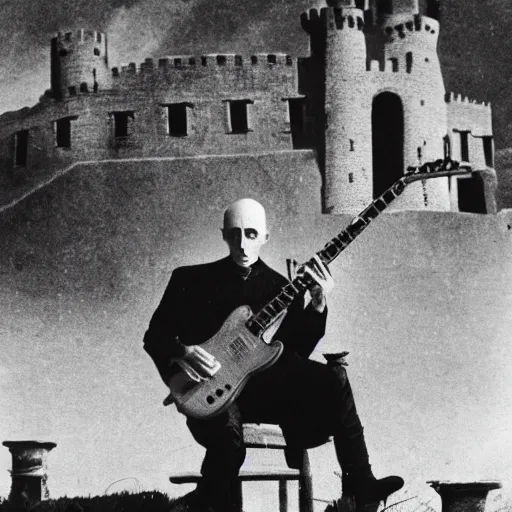 Image similar to vintage photograph of count orlok outside his castle, playing the blues on guitar, castle in the background, 4 k