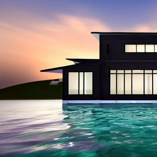 Prompt: a suburban house in the middle of the ocean, dramatic 3 d art, dynamic lighting