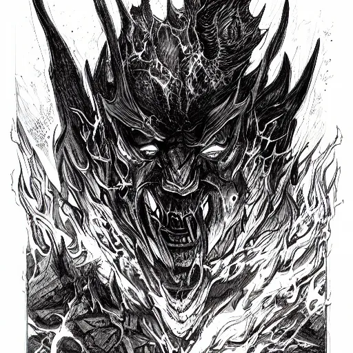 Image similar to character concept art diablo lord of terror engulfed in flames, detailed ink drawing by Dmitriy Tkach