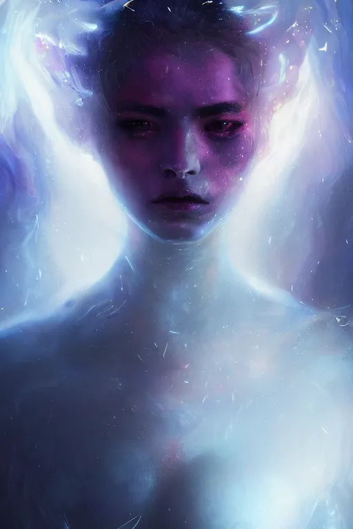 Image similar to a beautiful portrait of a young cosmic Demon women covered in deep purple flames with an intense look on her face by Greg Rutkowski, Sung Choi, Mitchell Mohrhauser, Maciej Kuciara, Johnson Ting, Maxim Verehin, Peter Konig, Bloodborne , 8k photorealistic, cinematic lighting, HD, high details, atmospheric , trending on artstation