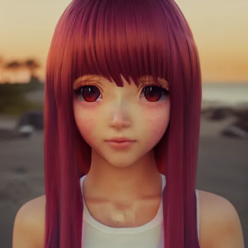 Prompt: Render of a cute 3d anime girl, long pink hair, full bangs, hazel eyes, cute freckles, soft smile, golden hour, beach setting, medium shot, mid-shot, trending on Artstation, Unreal Engine 4k