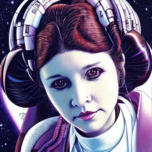 Image similar to portrait closeup of crazy princess leia, symmetrical, by yoichi hatakenaka, masamune shirow, josan gonzales and dan mumford, ayami kojima, takato yamamoto, barclay shaw, karol bak, yukito kishiro