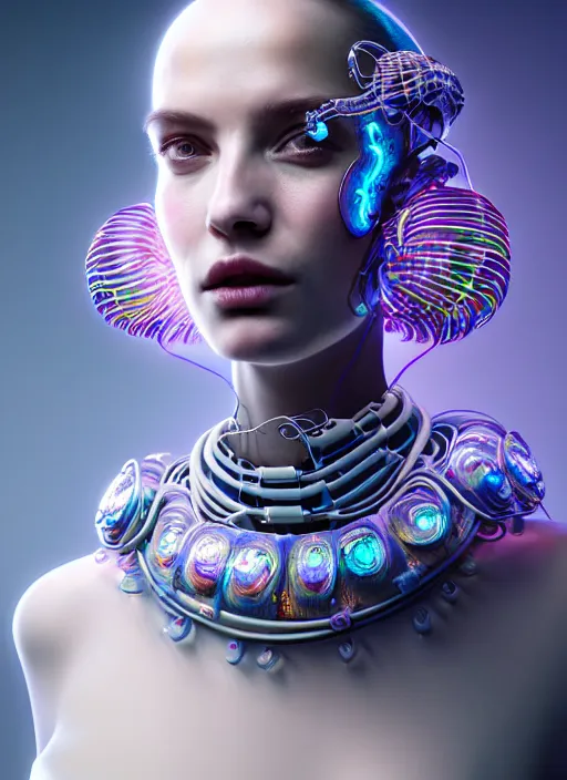 Image similar to portrait of an absurdly beautiful, graceful, sophisticated, fashionable cyberpunk mechanoid, hyperdetailed illustration by irakli nadar, matt wisniewski style, intricate linework, white porcelain skin, iridescent jellyfish headdress, day - glow face paint, multi colored neon electronic collar, unreal engine 5 highly rendered, global illumination, radiant light, detailed and intricate environment