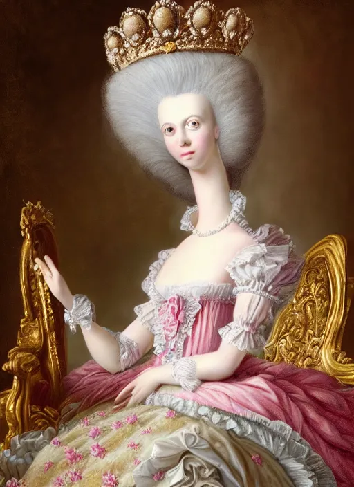 Image similar to highly detailed closeup, simple hand gestures, straight fingers, portrait of marie antoinette wearing a crown and sitting on a throne eating cakes, unreal engine, nicoletta ceccoli, mark ryden, earl norem, lostfish, global illumination, god rays, detailed and intricate environment