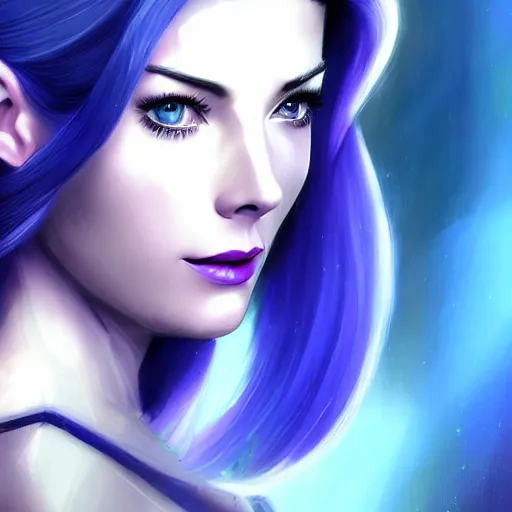 Image similar to A combination of Grace Kelly's and Katheryn Winnick's and Ashley Greene's faces with blue skin and short violet hair as Cortana from Halo, cyberpunk style, synthwave aesthetic, fantasy, intricate, elegant, highly detailed, digital painting, artstation, concept art, matte, sharp focus, illustration, half body portrait, anime style, blue tint, art by Artgerm and Greg Rutkowski and Alphonse Mucha