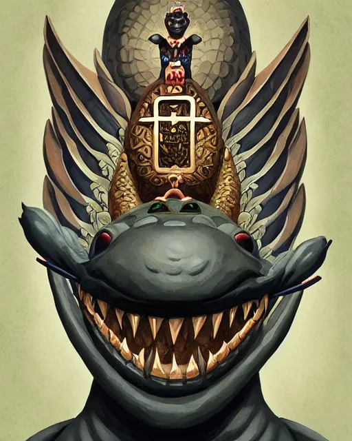 Image similar to ogbnabali, a shinigami wizard of ancient igbo with a crocodile head and bird wings. noble bearing. award winning ornate symmetry matte portrait, artgerm, rhads watercolor, serenity