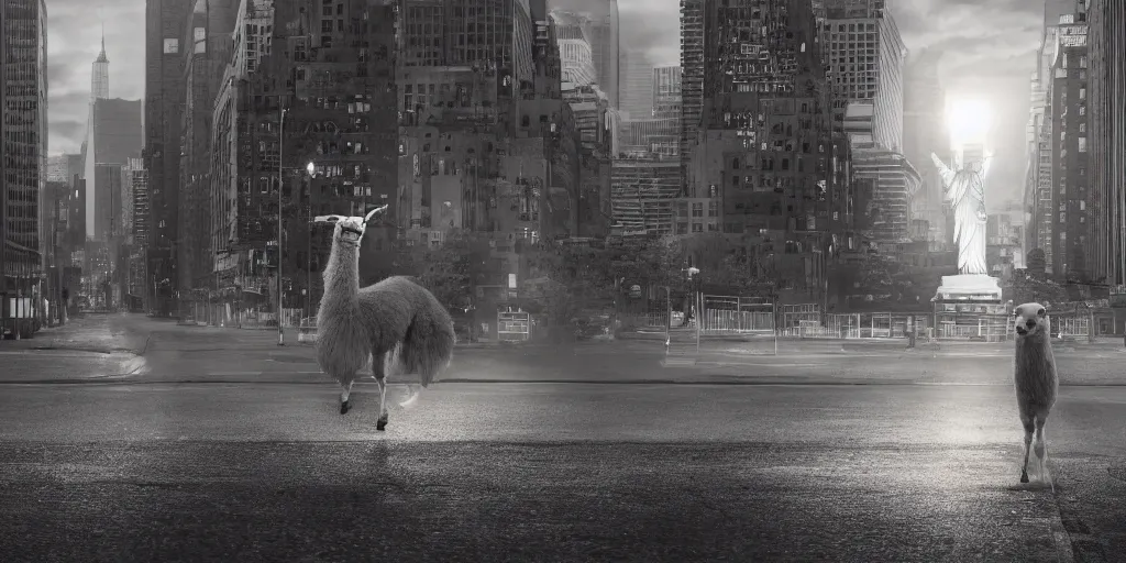 Image similar to a llama walking through a desolate manhattan city street at night, statue of liberty seen in the background, realistic 4 k octane beautifully detailed render, 4 k post - processing, highly detailed, detailed face, intricate complexity, epic composition, magical atmosphere, cinematic lighting, masterpiece, color picture, ultra hd