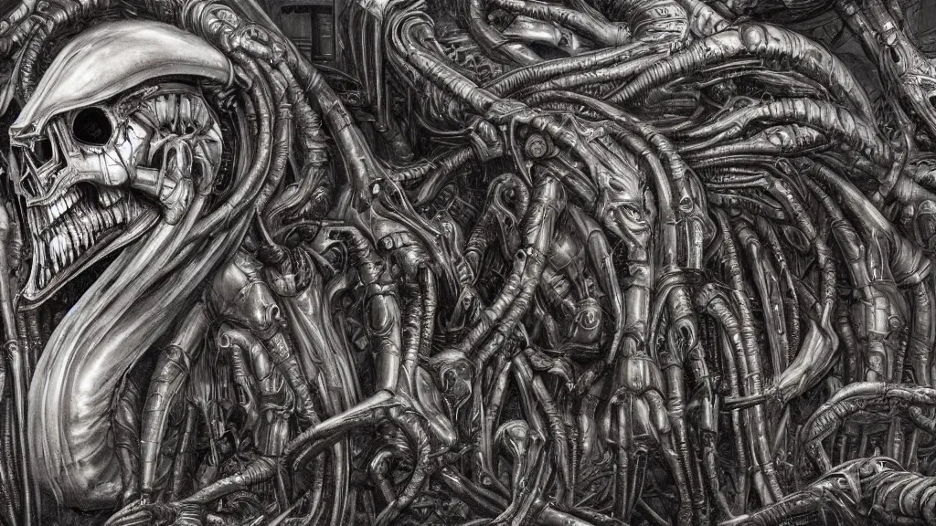 Prompt: Dreambotmotherships true and final form, style of Giger, H. R. GIGER, 4K, highly detailed