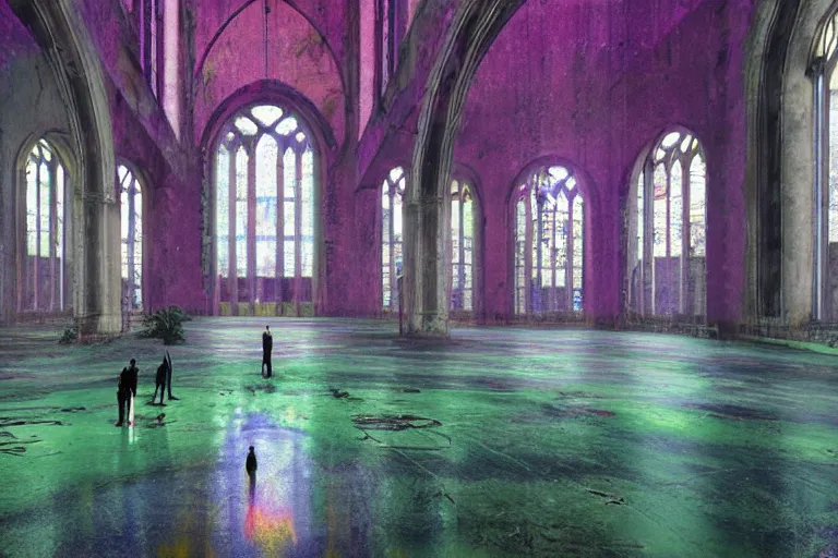 Image similar to abandoned 9 0 s cathedral interior with large organic circular windows, rain like a dream, oil painting, cinematic, dramatic, volumetric lighting, cyberpunk, basquiat + francis bacon + gustav klimt + beeple, elevated street art, fantasy lut, textural, pink, blue, purple, green,