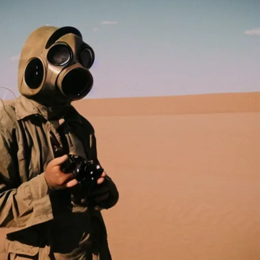 Prompt: a man wearing a pilot gasmask, with long air tubes, straps, heavy equipment, in the desert, film still, arriflex 35