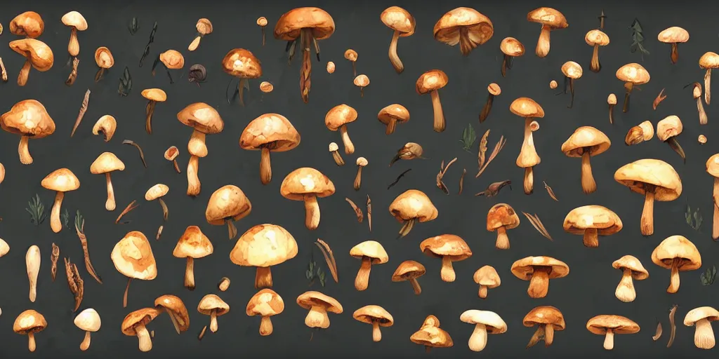 Prompt: game asset of unique mushrooms on black background, organic, in gouache detailed paintings, props, stylized, 2 d sprites, kitbash, 8 k, close up