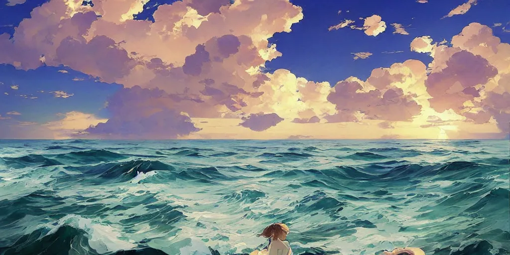 Prompt: clouds and wings and waves, by studio ghibli painting, by Joaquin Sorolla rhads Leyendecker, An aesthetically pleasing, dynamic, energetic, lively, well-designed digital art of a beach, ripples, waves, sea foam, light and shadow, ocean caustics, overlaid with aizome patterns, by Ohara Koson and Thomas Kinkade, traditional Japanese colors, superior quality, masterpiece