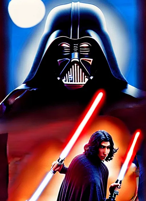 Image similar to movie poster for the new star wars movie, kylo ren fights jar jar binks, by drew struzan