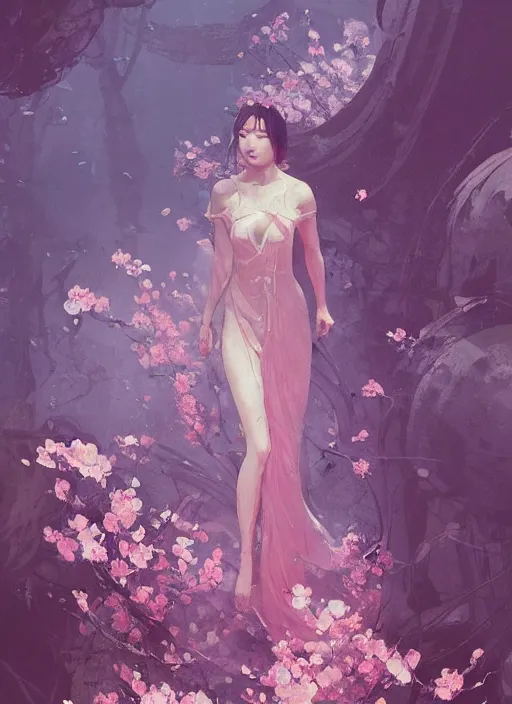 Image similar to lee jin - eun wearing luxurious dress emerging from pink water with cyberpunk theme by greg rutkowski, claude monet, conrad roset, takato yomamoto, rule of thirds, seductive look, beautiful, sakura flowers, dreamy,