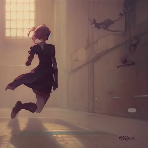 Image similar to girl running from the fbi by krenz cushart and mucha and akihito yoshida and greg rutkowski, nier : automata inspired,