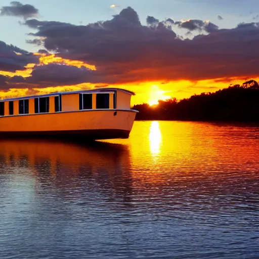 Image similar to a photo of a house boat on the water, sunset