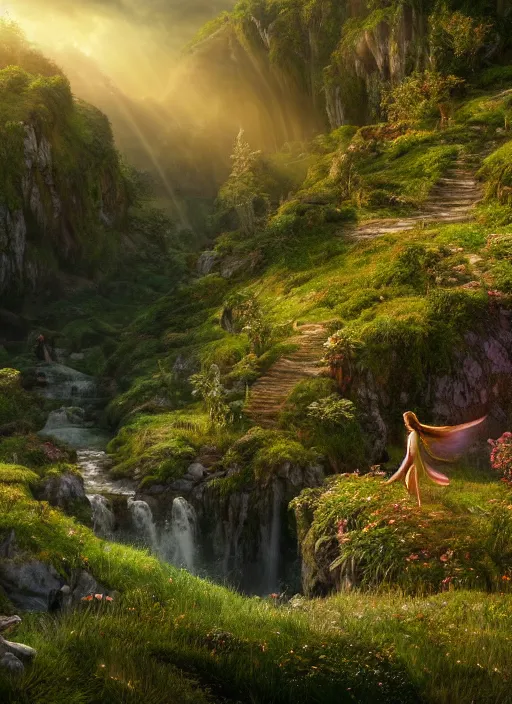 Image similar to a fairy flying in the distance in a lord of the rings scenery landscape, a vast lush valley flowers and wood structures, stream, sunrise, god's rays highly detailed, vivid color, cinematic lighting, perfect composition, 8 k, gustave dore, derek zabrocki, greg rutkowski, belsinski, octane render