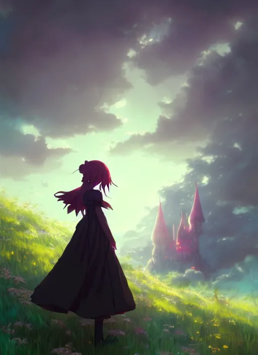 Image similar to portrait of gothic alice from wonderland, cloudy sky background lush landscape illustration concept art anime key visual trending pixiv fanbox by wlop and greg rutkowski and makoto shinkai and studio ghibli
